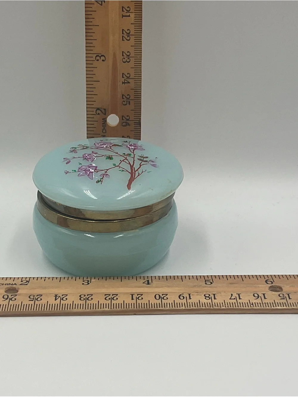 Vintage Hand Painted Hong Kong Floral Flower Dresser Vanity Jewelry Box Lid Blue